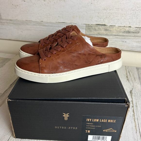 Frye Women's 7 cognac brown Ivy Low Lace Mule Leather lace up sneaker shoe new - Picture 1 of 9